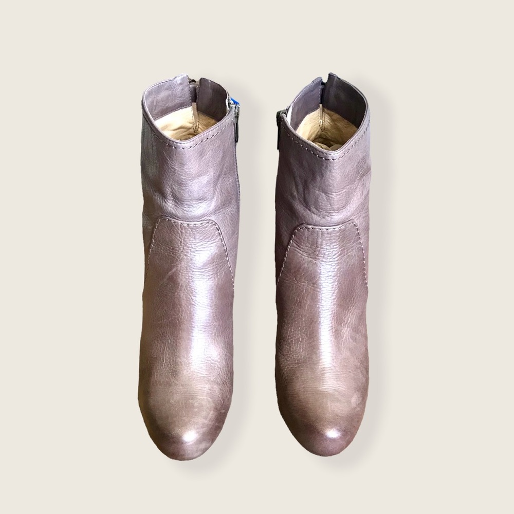 Frye Marissa Zip Short Grey/Taupe Leather Almond Toe Wood Heeled Ankle Booties - Picture 7 of 15